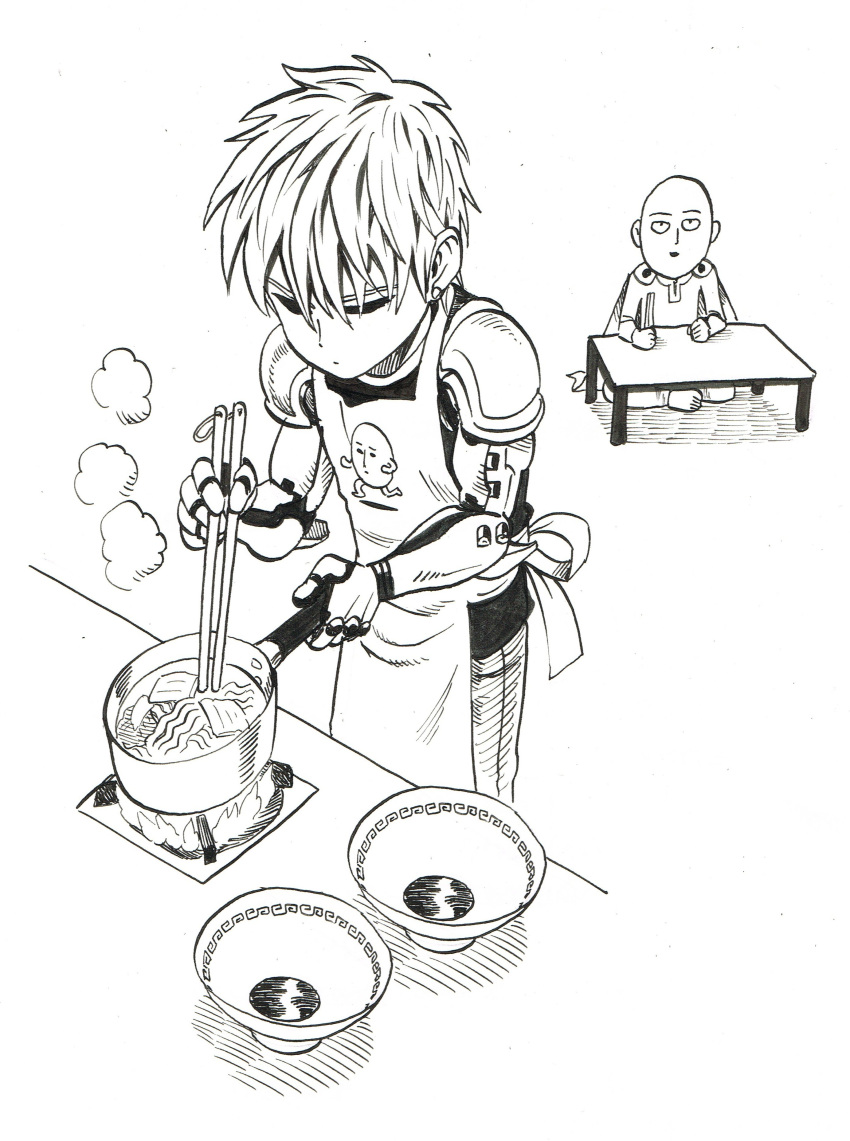 2boys absurdres android apron bald barefoot bowl cape chopsticks closed_mouth cooking earrings genos greyscale highres holding holding_chopsticks indian_style jewelry kotatsu mechanical_arms monochrome multiple_boys murata_yuusuke official_art one-punch_man pot saitama_(one-punch_man) scan simple_background sitting smile table traditional_media white_background