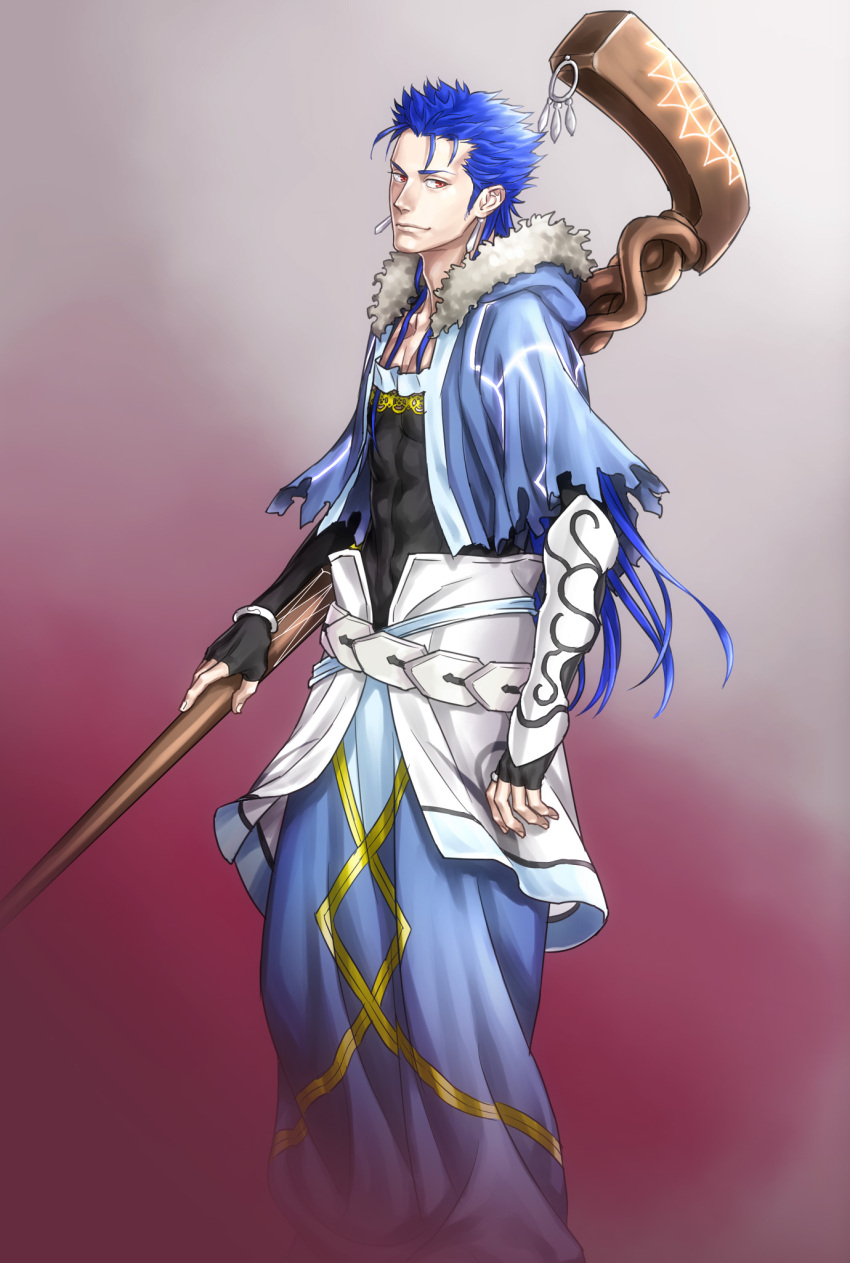 1boy belt blue_hair bracelet capelet claptrack closed_mouth cu_chulainn_(fate)_(all) cu_chulainn_(fate/grand_order) earrings fate/grand_order fate_(series) fur-trimmed_hood fur_trim highres holding holding_staff hood hood_down hooded_capelet jewelry long_hair looking_at_viewer male_focus muscle red_eyes smile solo spiky_hair staff standing type-moon vambraces wooden_staff