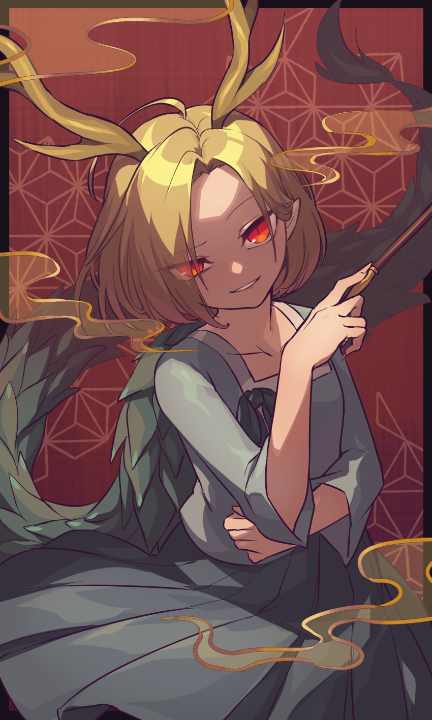 1girl absurdres blonde_hair blue_shirt blue_skirt commentary_request dragon_horns dragon_tail fingernails grin hand_up highres holding holding_pipe horns kicchou_yachie kiseru kozakura_(dictionary) long_fingernails looking_at_viewer pipe pointy_ears red_background red_eyes shirt short_hair skirt slit_pupils smile smoke solo tail touhou turtle_shell upper_body