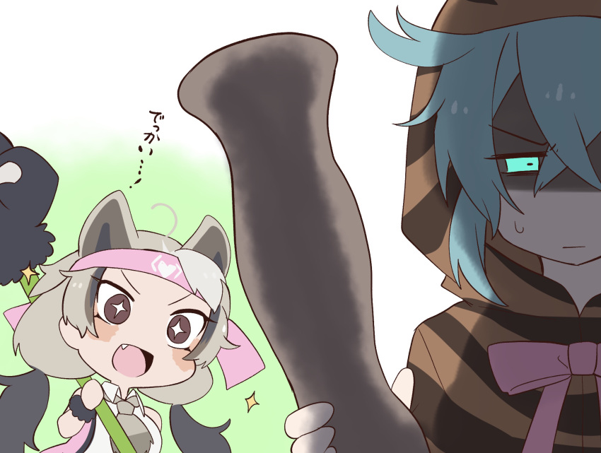+_+ 2girls ahoge animal_ears aqua_hair bear_ears bear_girl bear_paw_hammer behind_another black_hair bow bowtie chibi closed_mouth coat excited extra_ears ezo_brown_bear_(kemono_friends) fang green_eyes grey_hair half-closed_eye headband highres holding holding_weapon hood hood_up hoodie isobee kemono_friends kemono_friends_3 long_hair long_sleeves looking_at_another medium_hair multicolored_hair multiple_girls open_mouth shaded_face shirt sleeveless sleeveless_shirt smile sparkle striped striped_hoodie translation_request tsuchinoko_(kemono_friends) twintails v-shaped_eyebrows weapon