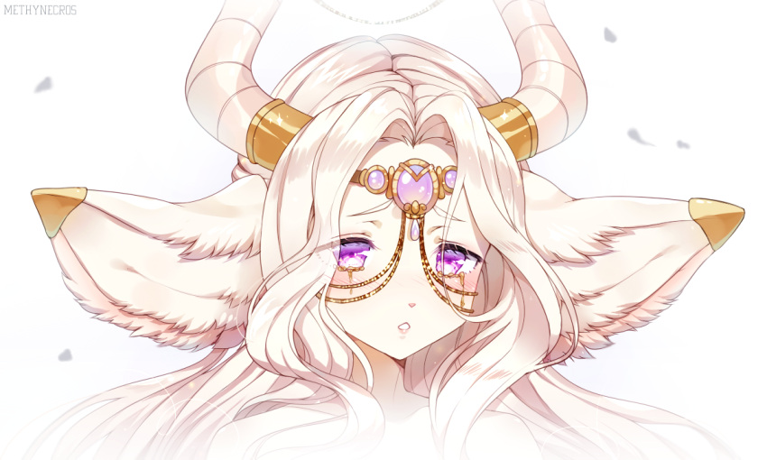1girl animal_ears artist_name blonde_hair blush circlet collarbone commentary commission crying english_commentary face furry gem hair_intakes half-closed_eyes horns long_hair looking_at_viewer methynecros original parted_lips shiny shiny_hair simple_background solo tears teeth upper_body violet_eyes watermark white_background