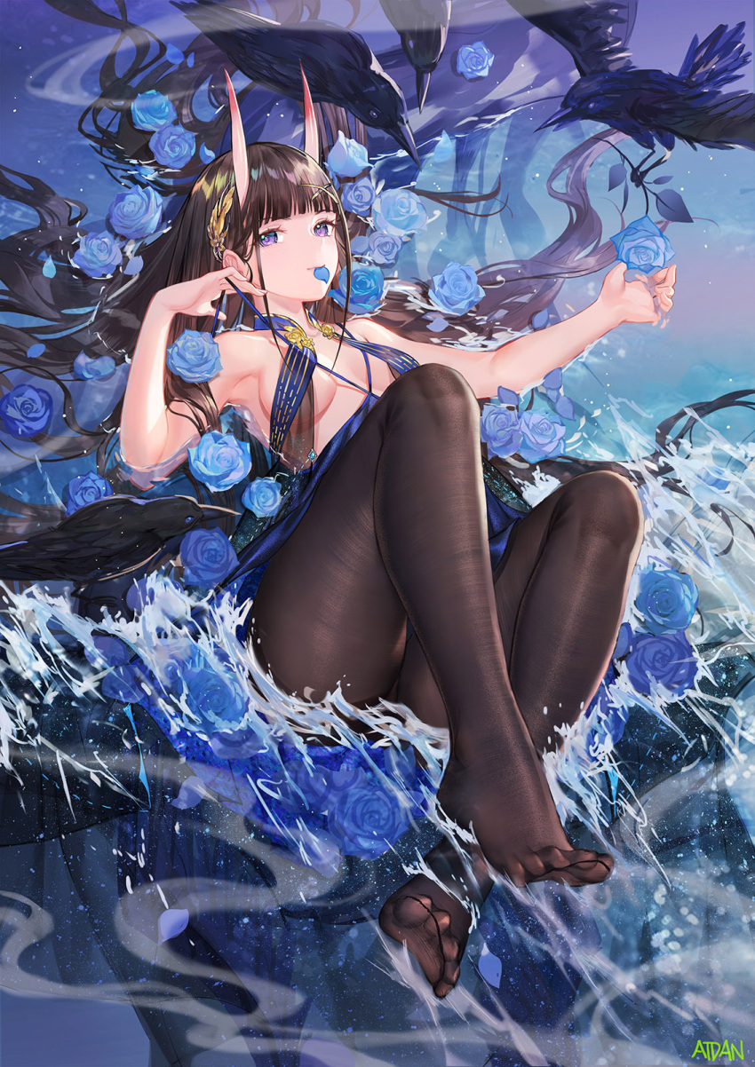 1girl animal arm_up armpits ass atdan azur_lane bare_shoulders bird black_hair blue_dress blue_flower breasts brown_legwear crow dress feet fine_fabric_emphasis flower hair_ornament halter_dress highres horns knees_up long_hair looking_at_viewer medium_breasts mouth_hold no_bra no_shoes noshiro_(azur_lane) noshiro_(the_gala's_sanctuary)_(azur_lane) oni_horns outstretched_arm pantyhose petals rose sitting sleeveless sleeveless_dress solo thighband_pantyhose thighs toes very_long_hair violet_eyes water
