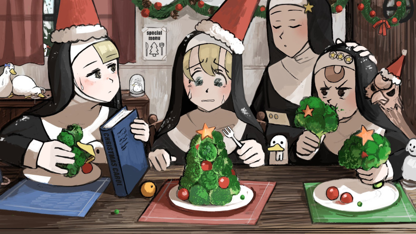 4girls :&gt; ^_^ bird blonde_hair blue_bow blue_eyes book bow broccoli brown_hair carrot catholic chair cheating_(competitive) chicken christmas_ornaments christmas_tree christmas_wreath closed_eyes commentary covering crying curtains diva_(hyxpk) drawer drooling duck eating english_commentary food fork fruit garland_(decoration) habit hair_bow hand_on_another's_head hat highres holding holding_book holding_food holding_fork little_nun_(diva) mandarin_orange melting mouse mouse_tail multiple_girls nun ostrich peas peeking pinecone placemat plate poster_(object) puddle red_bow ribbon santa_hat scared silhouette snow snow_globe snowman star_(symbol) sticker sweat sweatdrop sweating_profusely tail tears tomato vegetable window wooden_door wooden_table