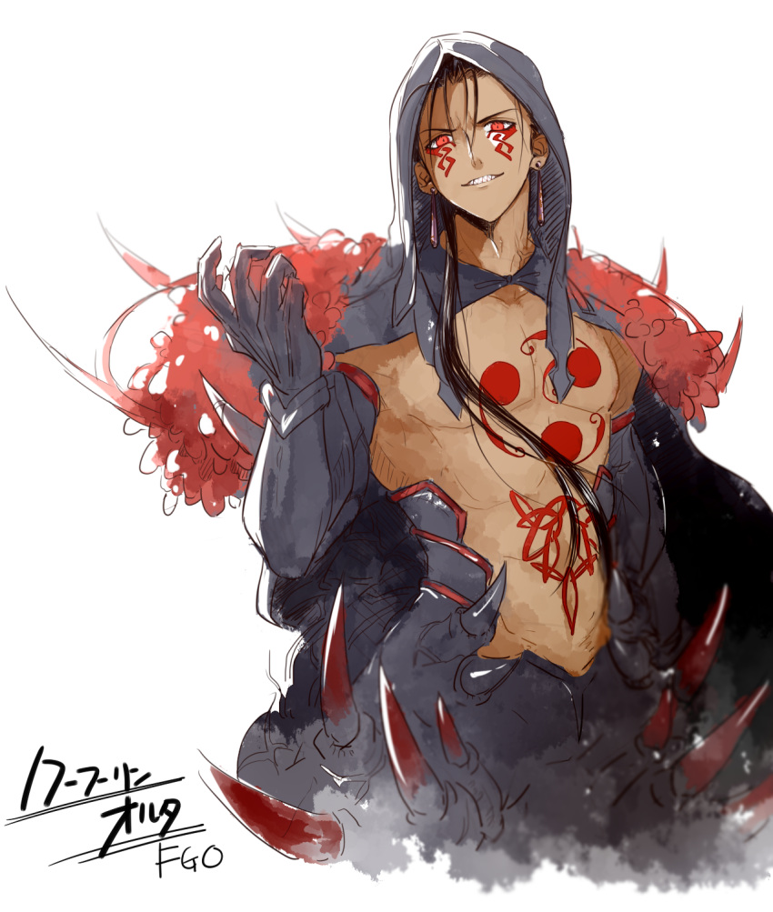 1boy abs black_hair bodypaint cape claws cu_chulainn_(fate)_(all) cu_chulainn_alter_(fate/grand_order) dark_persona earrings elbow_gloves facepaint fate/grand_order fate_(series) fur gloves grin hair_strand highres hood hood_up hooded_cape jewelry long_hair looking_at_viewer male_focus monster_boy mori119 muscle pants ponytail red_eyes sharp_teeth shirtless simple_background skin_tight smile solo spikes tail tan teeth type-moon white_background