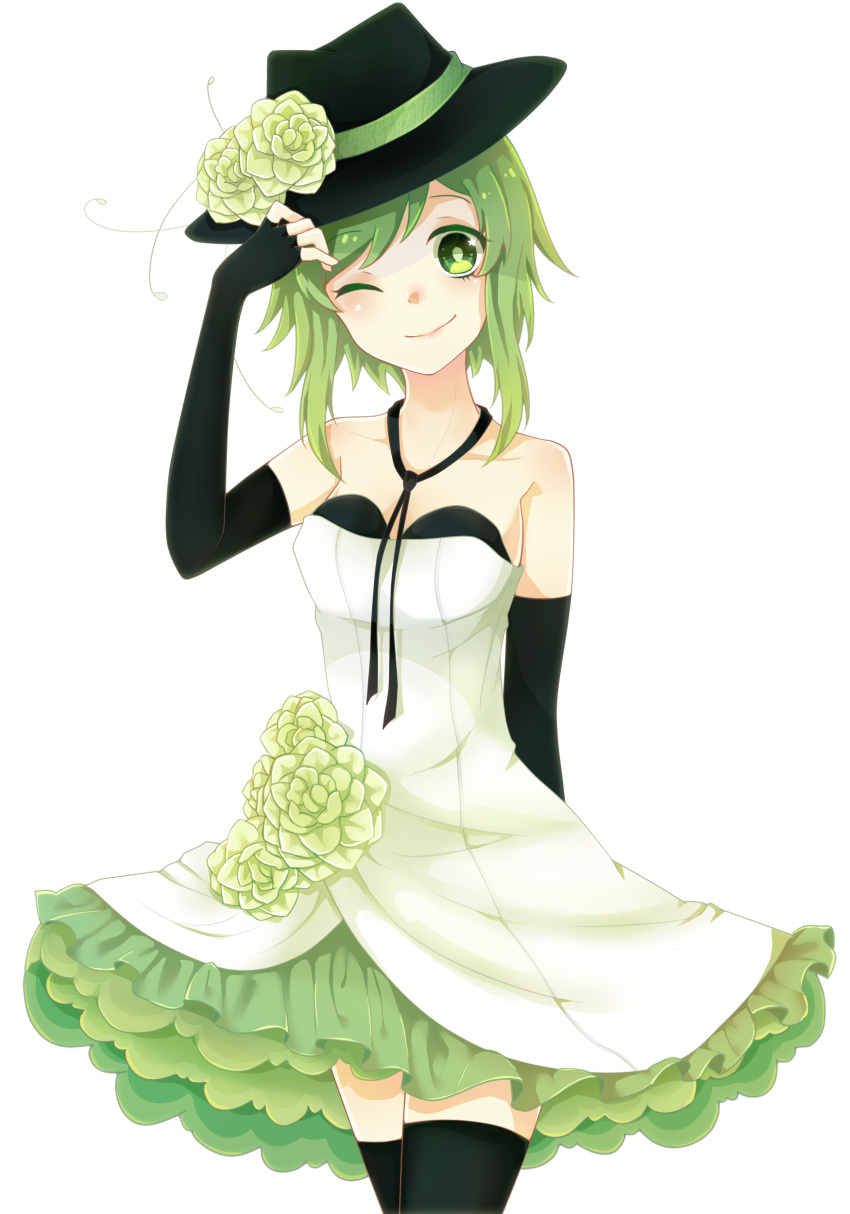 1girl 323 absurdres arm_behind_back bare_shoulders black_gloves black_headwear black_legwear collarbone commentary cowboy_shot dress dress_flower elbow_gloves fingerless_gloves flower frilled_dress frills gloves green_eyes green_flower green_hair gumi hand_up hat hat_flower highres looking_at_viewer neck_ribbon one_eye_closed ribbon sidelocks smile solo standing strapless strapless_dress thigh-highs vocaloid white_background white_dress zettai_ryouiki