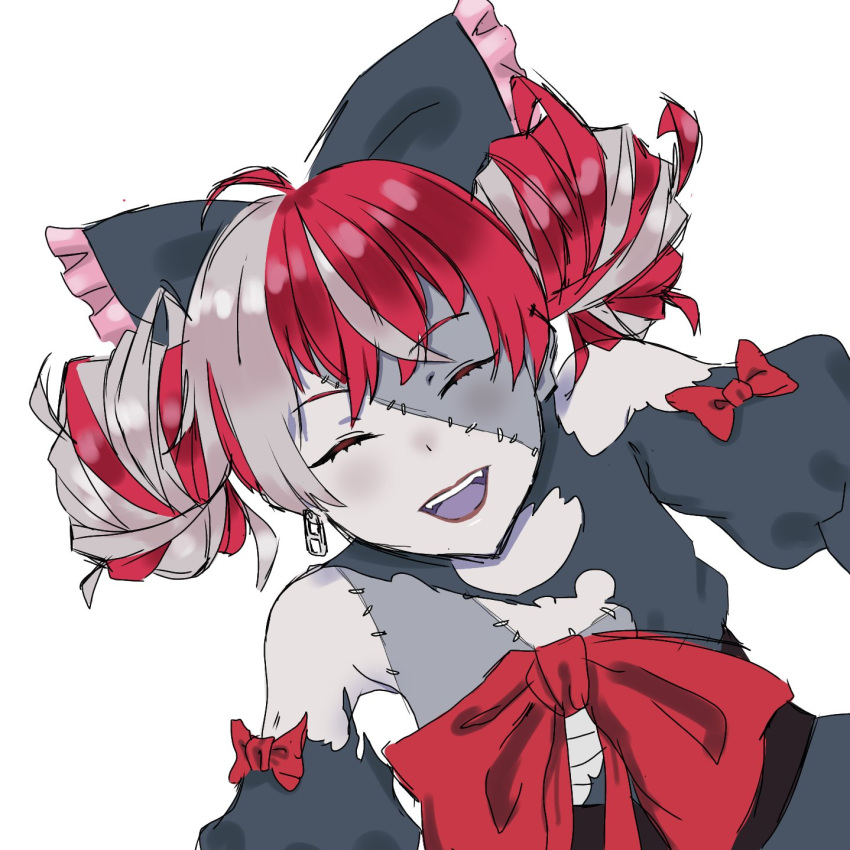 1girl ^_^ ahoge black_bow bow closed_eyes english_commentary grey_eyes hair_bow highres hololive hololive_indonesia huge_bow jisen kureiji_ollie multicolored_hair red_bow red_eyes redhead smile solo two-tone_hair virtual_youtuber white_background yellow_eyes zombie