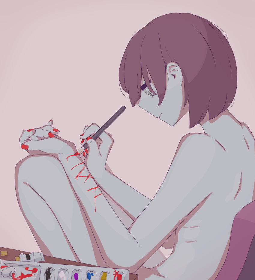 1other absurdres ambiguous_gender avogado6 brown_eyes brown_hair commentary empty_eyes highres holding holding_paintbrush nail_polish nude original paint_tube paintbrush painting red_nails simple_background tagme tan_background