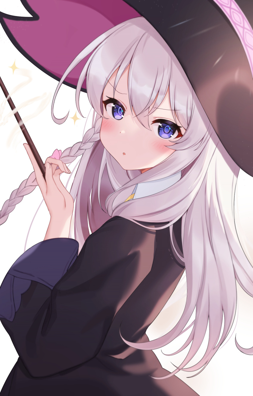 1girl :o bangs black_headwear black_robe blush braid collared_shirt commentary_request elaina_(majo_no_tabitabi) eyebrows_visible_through_hair hair_between_eyes hand_up hat highres holding holding_wand long_hair long_sleeves looking_at_viewer looking_to_the_side majo_no_tabitabi parted_lips pn_(wnsl216) robe shirt silver_hair simple_background solo very_long_hair violet_eyes wand white_background white_shirt wide_sleeves witch_hat