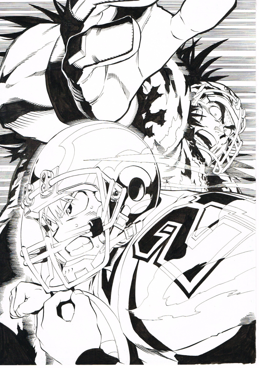 2boys absurdres border character_request clenched_teeth eyeshield_21 football football_(object) football_helmet football_uniform from_side gloves greyscale helmet highres holding kobayakawa_sena male_focus monochrome multiple_boys murata_yuusuke official_art sanpaku scan shoulder_pads sportswear sweat teeth traditional_media white_border wide-eyed