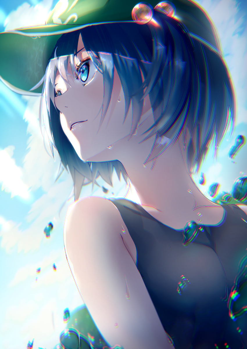 1girl absurdres bangs bare_shoulders black_shirt blue_eyes blue_hair chromatic_aberration clouds commentary_request day dripping dutch_angle flat_cap from_below green_headwear hair_bobbles hair_ornament hat highres hitodama_print kawashiro_nitori light_blush light_rays looking_to_the_side neck outdoors parted_lips rei_(farta_litia) shirt short_hair short_twintails sidelighting sidelocks solo tank_top touhou twintails two_side_up upper_body water water_drop wet wet_face wet_hair