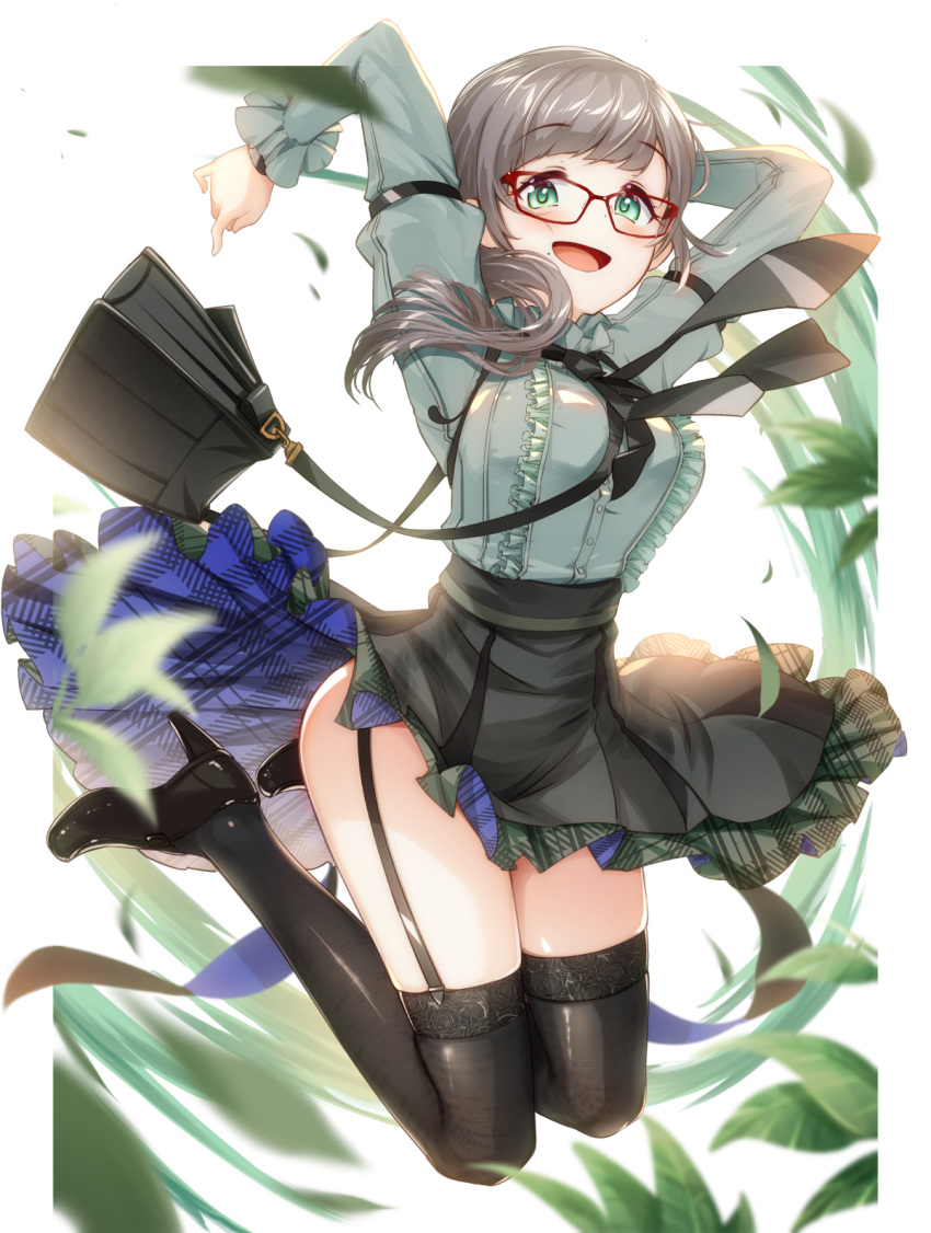 1girl :d arms_up bag bangs black_footwear black_legwear black_neckwear blue_skirt blurry blurry_foreground blush breasts brown_hair buttons center_frills character_request cluseller commentary_request copyright_request depth_of_field eyebrows_visible_through_hair frilled_skirt frills full_body garter_straps glasses green_eyes green_shirt green_skirt green_theme high-waist_skirt high_heels highres jumping lace lace-trimmed_legwear lace_trim large_breasts leaf long_hair long_sleeves looking_at_viewer miniskirt mole mole_under_mouth necktie open_mouth petticoat plaid red-framed_eyewear shirt shirt_tucked_in simple_background skirt smile solo thigh-highs thighs unmoving_pattern white_background