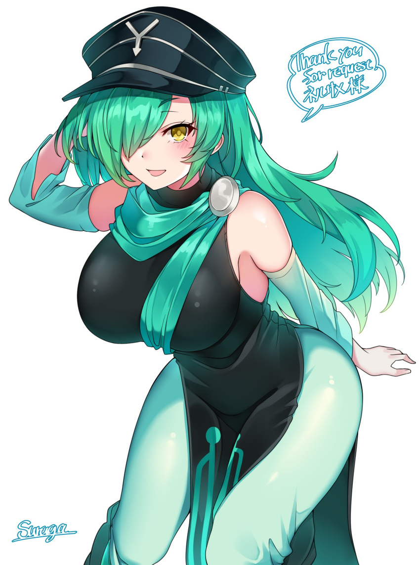 1girl absurdres arm_behind_head arm_up artist_name black_headwear blush breasts brown_eyes commission eyebrows_visible_through_hair green_hair hair_over_one_eye hat highres large_breasts long_hair looking_at_viewer original parted_lips second-party_source signature skeb_commission smile solo speech_bubble suruga_(xsurugax)
