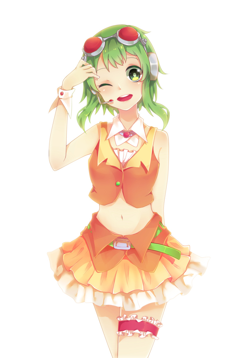 1girl 323 absurdres arm_behind_back bare_shoulders belt commentary cowboy_shot crop_top detached_collar frilled_skirt frills goggles goggles_on_head green_eyes green_hair gumi hand_up headphones headset highres layered_skirt looking_at_viewer midriff navel one_eye_closed open_mouth orange_skirt orange_vest red_goggles skirt smile solo standing thigh_strap vest vocaloid white_background wrist_cuffs