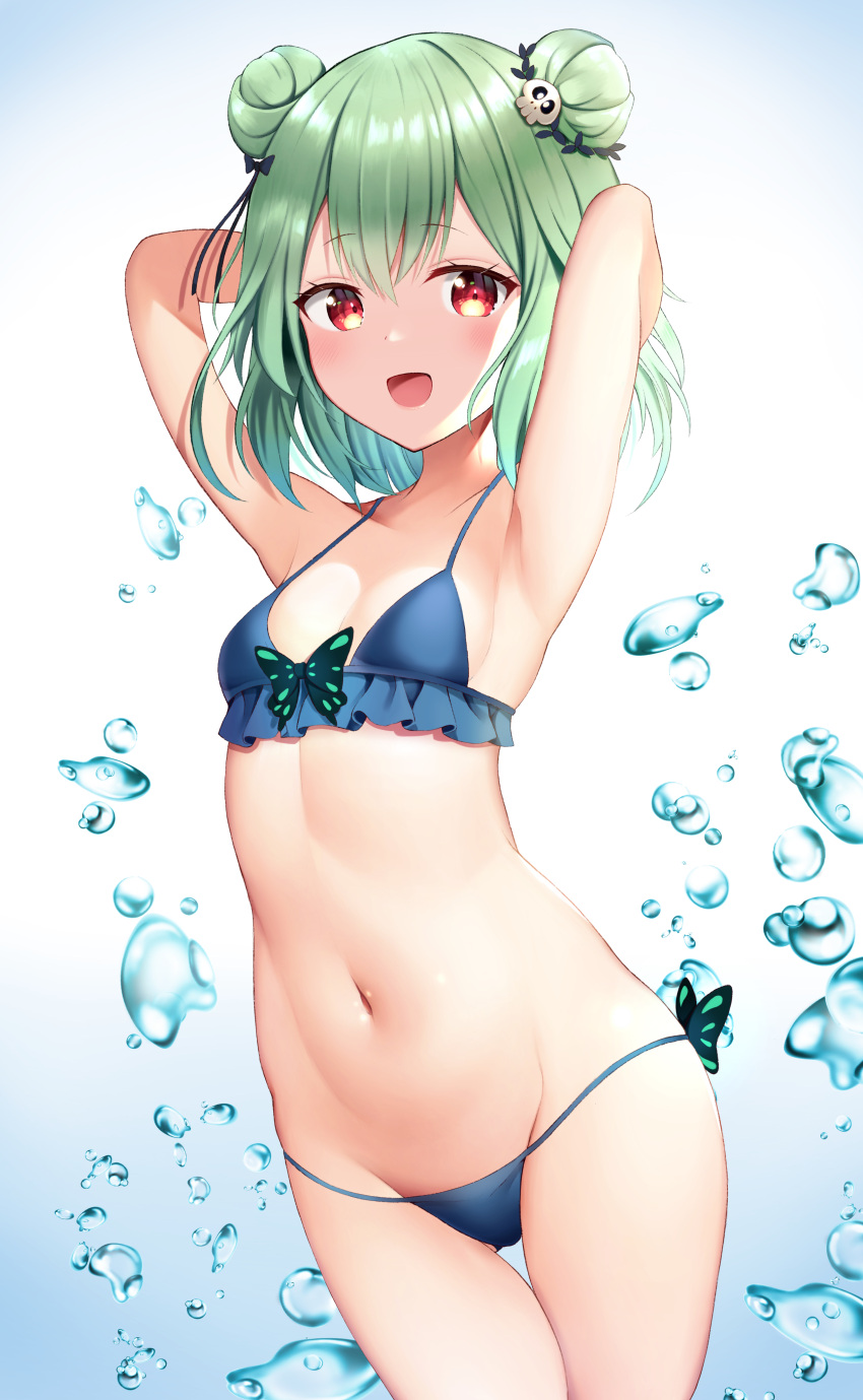 1girl :d absurdres armpits arms_behind_head bikini blue_bikini breasts commentary_request double_bun eyebrows_visible_through_hair green_hair hair_ornament highres hololive looking_at_viewer navel open_mouth red_eyes short_hair skull_hair_ornament small_breasts smile solo swimsuit uruha_rushia utekiro virtual_youtuber