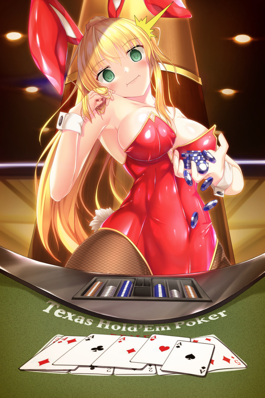 1girl animal_ears bangs bare_shoulders blonde_hair blush breasts bunny_girl bunny_tail card empty_eyes eyebrows_visible_through_hair fishnet_legwear fishnets high_ponytail highres large_breasts leotard long_hair looking_at_viewer original pantyhose playing_card poker_chip poker_table ponytail rabbit_ears rankiryuu solo strapless strapless_leotard tail wrist_cuffs