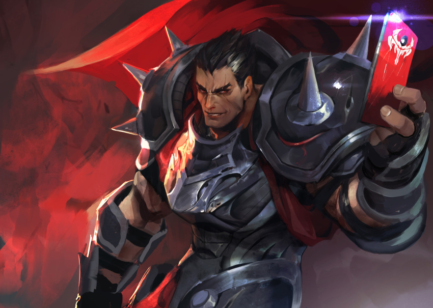 absurdres armor black_hair cloak coat coat_on_shoulders darius_(league_of_legends) eyebrows gloves highres league_of_legends pauldrons red_eyes reflection scar scar_across_eye self_shot shoulder_armor silk smile sparkle teeth thorns vambraces