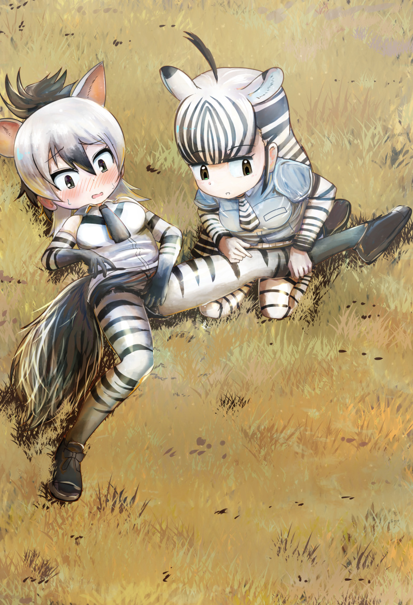 2girls aardwolf_(kemono_friends) aardwolf_ears aardwolf_girl aardwolf_print aardwolf_tail absurdres ahoge animal_ears animal_print bangs bare_shoulders black_eyes black_hair black_shorts blunt_bangs blush bodystocking brown_eyes chibi counting covering covering_crotch day elbow_gloves embarrassed eyebrows_visible_through_hair fuji_takanasu furrowed_eyebrows gloves grass grey_hair hair_between_eyes hand_on_another's_leg highres kemono_friends long_hair long_sleeves looking_at_another lying medium_hair multicolored_hair multiple_girls necktie nose_blush on_back on_grass on_ground outdoors outstretched_leg pantyhose parted_lips plains_zebra_(kemono_friends) print_gloves print_legwear print_sleeves shirt shoes short_over_long_sleeves short_shorts short_sleeves shorts sitting sleeveless sleeveless_shirt smile spread_legs streaked_hair tail two-tone_hair white_hair zebra_ears zebra_girl zebra_print