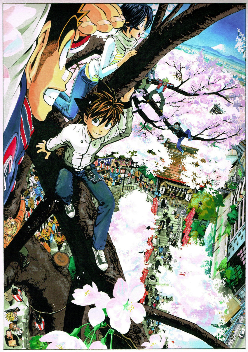 1girl 2boys :d absurdres bandaid bandaid_on_nose black_hair blue_pants border brown_hair chain character_request cherry_blossoms climbing_tree closed_mouth day denim everyone eyeshield_21 flower from_above hair_between_eyes highres jacket japan jeans long_sleeves mount_fuji multiple_boys murata_yuusuke official_art open_mouth outdoors pants people pink_flower sanpaku scan shoes smile sneakers spiky_hair tree white_border