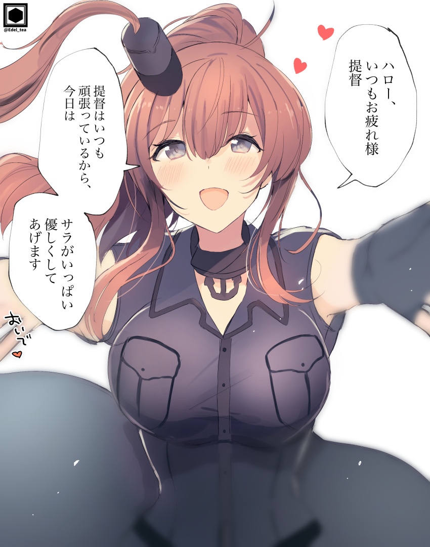 1girl absurdres black_blouse black_dress black_gloves blouse breast_pocket breasts check_translation dress edel_(edelcat) gloves heart highres kantai_collection large_breasts long_hair looking_at_viewer motion_blur one_side_up open_mouth pocket ponytail remodel_(kantai_collection) saratoga_(kantai_collection) simple_background single_glove solo translation_request violet_eyes white_background