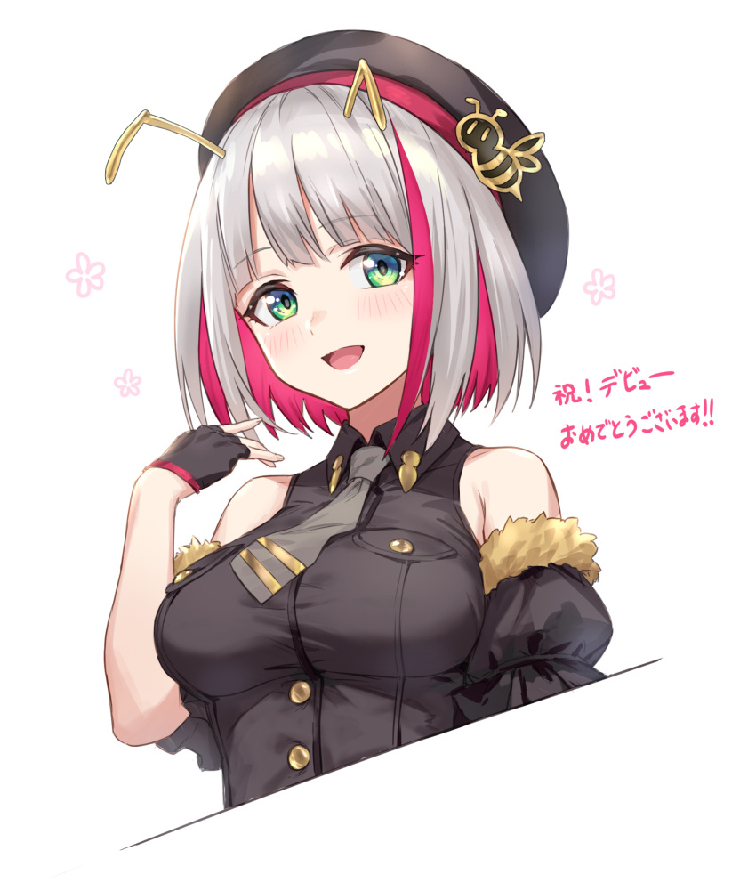 1girl :d antennae bare_shoulders black_gloves black_shirt blush bob_cut breasts collared_shirt colored_inner_hair cropped_torso detached_sleeves fingerless_gloves gloves green_eyes grey_hair grey_neckwear guchico hand_up hat highres indie_virtual_youtuber looking_at_viewer medium_breasts medium_hair mitsuzaki_aya_(character) multicolored_hair necktie official_art open_mouth puffy_detached_sleeves puffy_short_sleeves puffy_sleeves redhead shirt short_sleeves simple_background smile solo streaked_hair translation_request white_background wing_collar