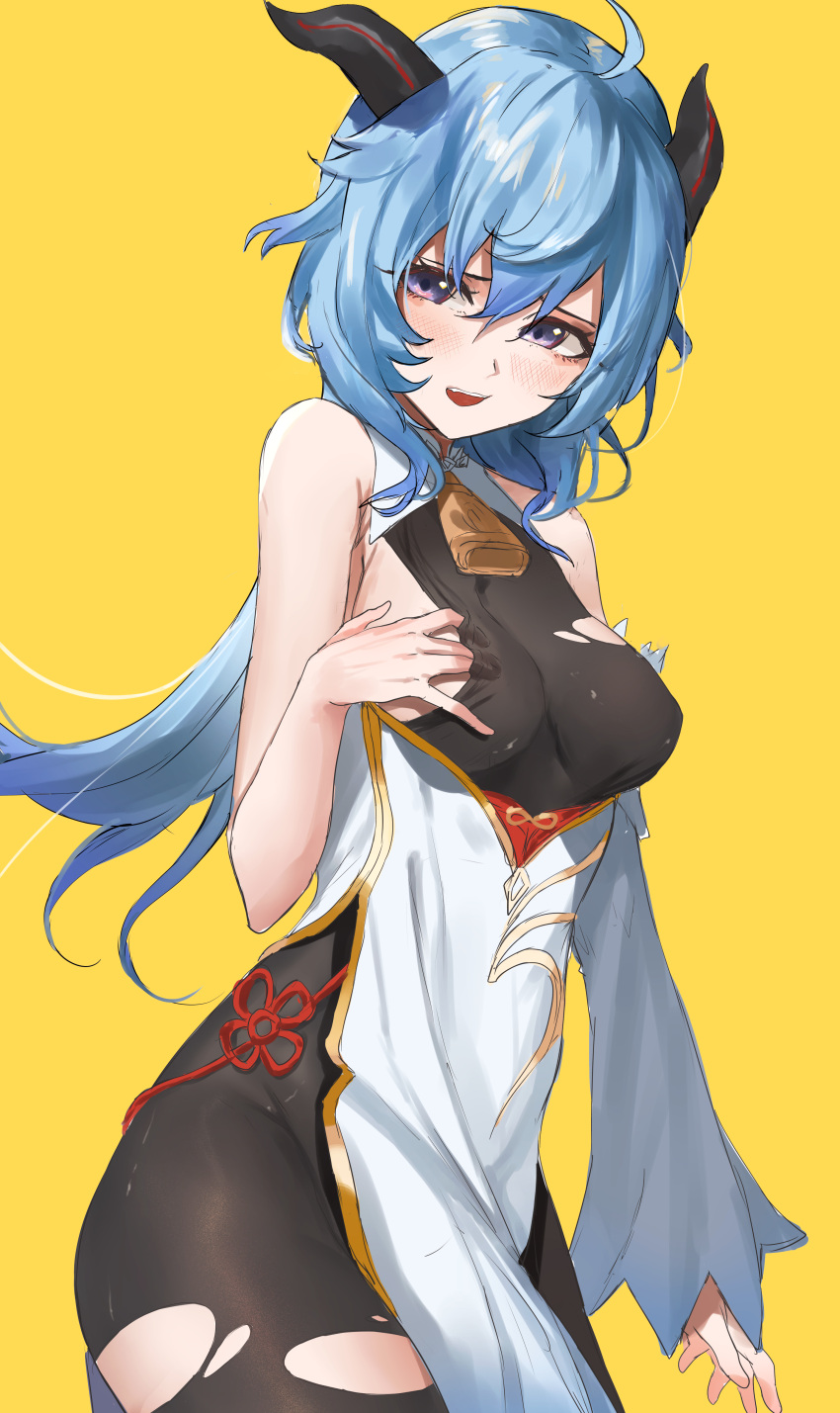 absurdres ahoge bare_shoulders bell blu_(1712) blue_hair bodysuit breasts cowbell ganyu_(genshin_impact) genshin_impact goat_horns half-closed_eyes hand_on_own_chest highres horns open_mouth simple_background sleeveless torn_bodysuit torn_clothes violet_eyes yellow_background