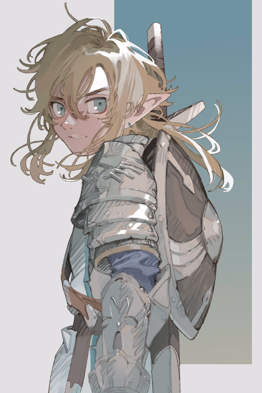 1boy aqua_eyes armor blonde_hair earrings gradient gradient_background hair_between_eyes highres jewelry link long_hair male_focus parted_lips pauldrons pointy_ears shield shoulder_armor single_earring solo sword the_legend_of_zelda the_legend_of_zelda:_breath_of_the_wild urutora vambraces weapon weapon_on_back