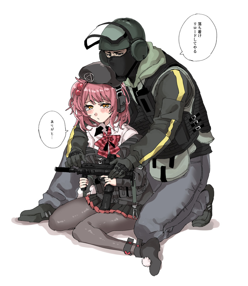 1boy 1girl absurdres bandit_(rainbow_six_siege) beret black_footwear black_gloves black_jacket black_legwear black_skirt blush bulletproof_vest commentary_request crossover duplicate girls_frontline gloves grey_pants gun h&amp;k_mp7 hat helmet highres holding holding_weapon jacket kneeling knees_together_feet_apart looking_at_object mask miniskirt mp7_(girls_frontline) optical_sight pants pantyhose pouch rainbow_six_siege redhead sanso_(kasyawamoti) seiza shirt shoes sight sitting skirt submachine_gun tactical_clothes translation_request weapon white_shirt yellow_eyes