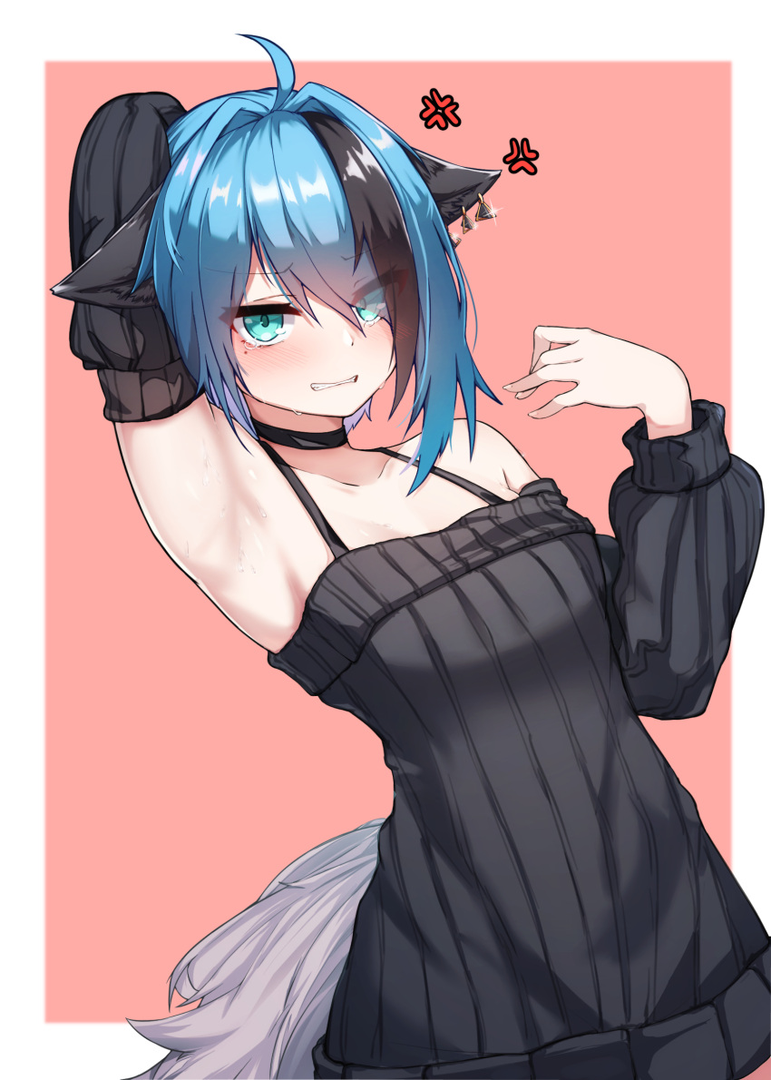 1girl 5danny1206 ahoge anger_vein animal_ears arm_up armpits bare_shoulders black_choker black_dress blue_hair cat_ears choker clenched_teeth cowboy_shot detached_sleeves dress earrings eyes_visible_through_hair floppy_ears green_eyes hair_intakes hair_over_one_eye hand_up highres jewelry long_sleeves looking_at_viewer mole mole_under_eye multicolored_hair original ribbed_dress short_hair solo streaked_hair sweat tail teeth two-tone_hair