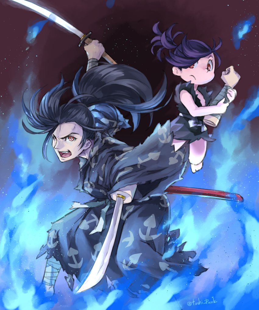 1boy 1girl absurdres amputee bandaged_arm bandaged_leg bandages bare_shoulders barefoot black_hair black_kimono blade blue_fire closed_mouth dororo_(character) dororo_(tezuka) fire highres holding holding_sword holding_weapon hyakkimaru_(dororo) japanese_clothes katana kimono long_hair looking_at_another open_mouth patterned patterned_clothing ponytail purple_hair red_eyes scabbard sheath signature sword teeth tongue torn torn_clothes toshi_punk twitter_username weapon