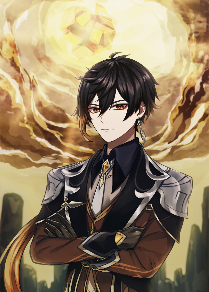 1boy absurdres bangs black_gloves black_hair blurry blurry_background brown_hair closed_mouth clouds cloudy_sky collar crossed_arms falling formal genshin_impact gloves hair_between_eyes highres jacket jewelry long_hair long_sleeves looking_at_viewer male_focus meteor mountain multicolored_hair ponytail rock rvve single_earring sky solo suit yellow_eyes zhongli_(genshin_impact)