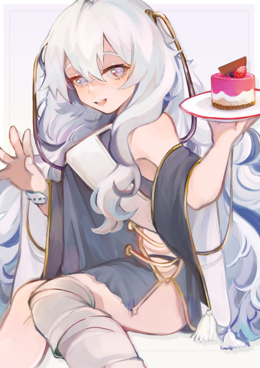 1girl aaoshigatoutoi bandaged_leg bandages bangs blush cake commentary dated_commentary dress food fruit girls_frontline grey_background grey_eyes hair_between_eyes highres holding holding_food holding_plate long_hair looking_at_viewer open_mouth plate ribeyrolles_1918_(girls_frontline) simple_background sitting sleeveless smile solo strawberry very_long_hair wavy_hair white_hair