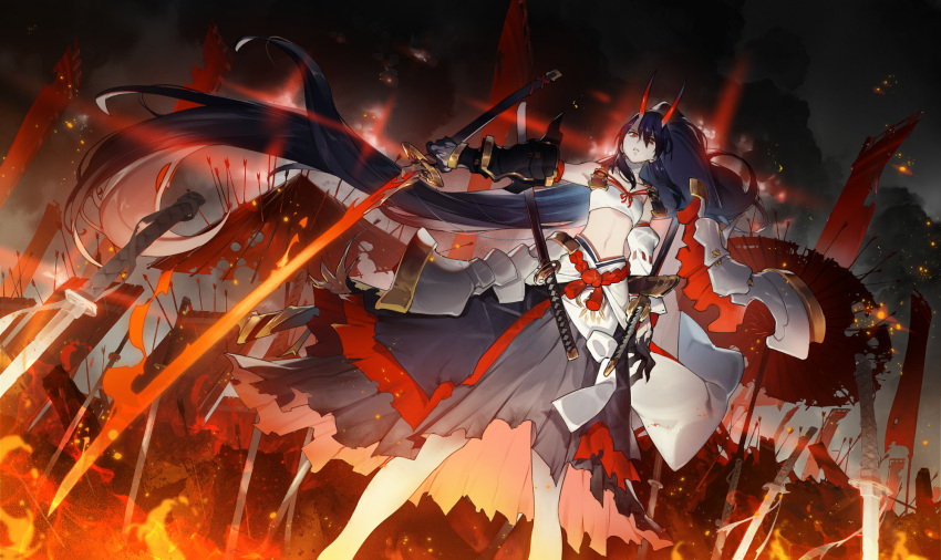 1girl armor arrow_(projectile) bare_shoulders blue_hair claws collarbone detached_sleeves embers fire flag flaming_sword flaming_weapon floating hair_between_eyes highres holding holding_sword holding_weapon horns katana long_hair long_ponytail navel onmyoji outdoors parted_lips pauldrons planted_arrow planted_sword planted_weapon ponytail red_eyes red_horns red_umbrella ryota-h scabbard sheath sheathed shield shoulder_armor solo standing sword torn torn_umbrella umbrella unsheathed vambraces very_long_hair weapon wooden_shield