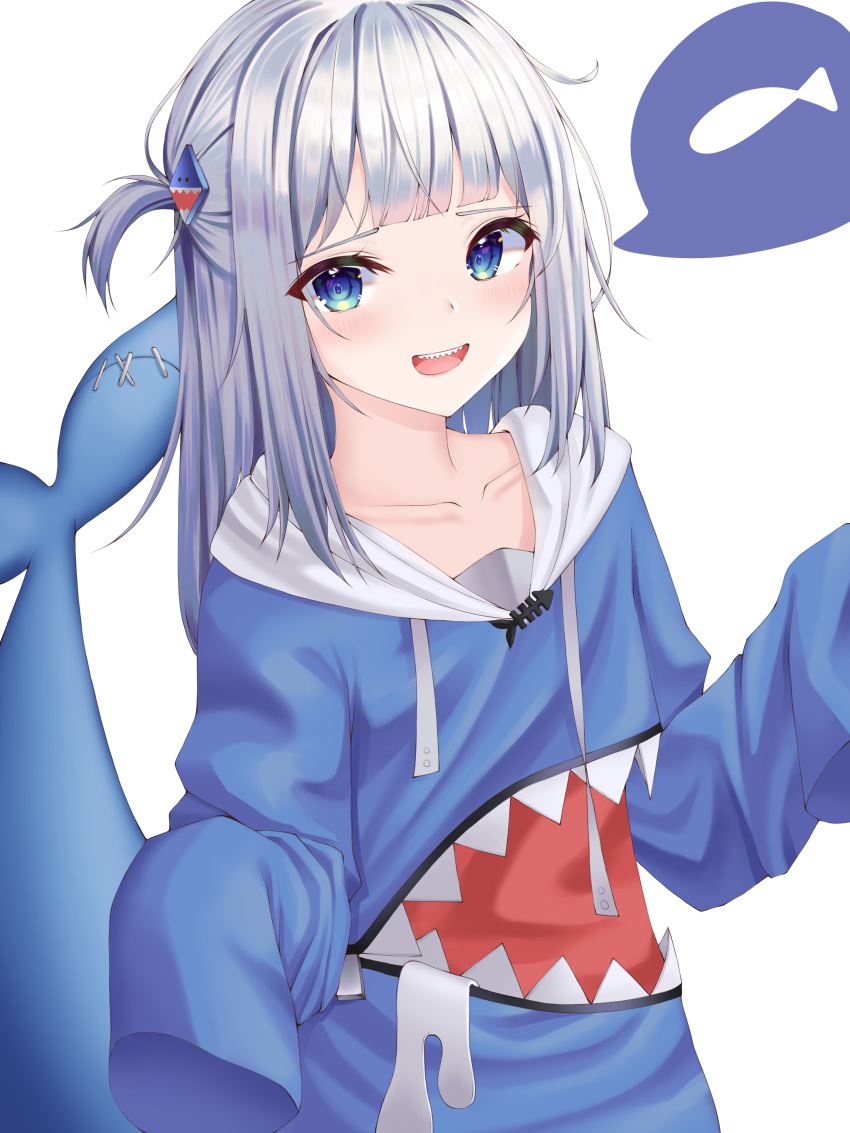 1girl :d absurdres bangs blue_eyes blue_hoodie collarbone commentary drawstring fish_tail gawr_gura hair_ornament highres hololive hololive_english hood hood_down hoodie hsxxx long_hair long_sleeves looking_at_viewer open_mouth shark_tail sharp_teeth silver_hair simple_background sleeves_past_fingers sleeves_past_wrists smile solo speech_bubble spoken_animal tail tail_raised teeth two_side_up virtual_youtuber white_background