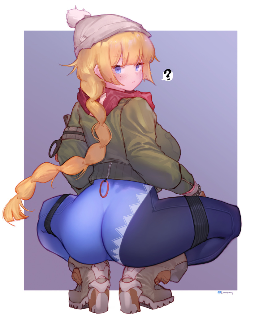 1girl ? ass bangs blonde_hair blue_eyes blush boots eonsang full_body girls_frontline hat highres holster jacket long_hair long_sleeves looking_at_viewer looking_back mole mole_under_eye red_scarf scarf solo spoken_question_mark squatting thigh_holster vhs_(girls_frontline)