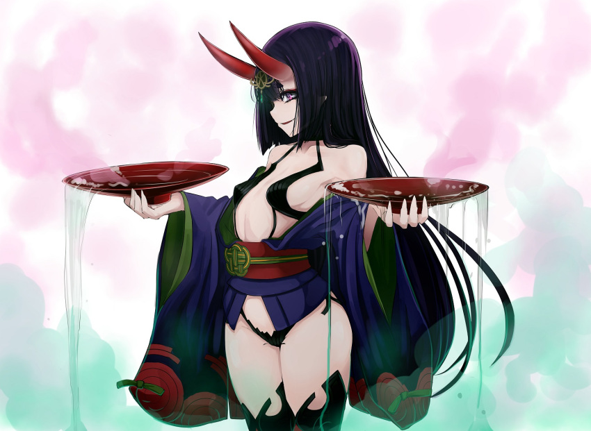 1girl alternate_hair_length alternate_hairstyle b.d breasts cowboy_shot cup eyeliner fate/grand_order fate_(series) graphite_(medium) headpiece horns japanese_clothes kimono long_hair makeup oni oni_horns open_clothes open_kimono purple_hair purple_kimono revealing_clothes sakazuki short_eyebrows shuten_douji_(fate/grand_order) skin-covered_horns small_breasts solo traditional_media very_long_hair violet_eyes