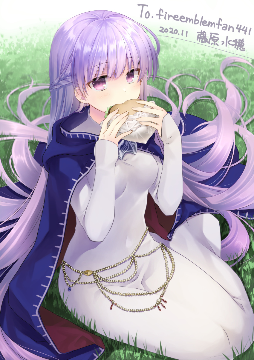 1girl absurdly_long_hair absurdres belly_chain blue_cape blue_dress braid breasts cape commission commissioner_upload dated dress eating expressionless eyebrows_visible_through_hair fire_emblem fire_emblem:_the_binding_blade food french_braid fujiwara_minaho grass hamburger highres huge_filesize jewelry long_hair medium_breasts navel purple_hair sitting solo sophia_(fire_emblem) very_long_hair violet_eyes