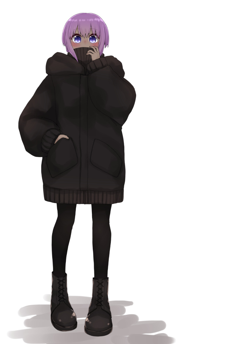 1girl bangs black_footwear black_jacket black_legwear black_sweater blush boots covered_mouth cross-laced_footwear dark_skin eyebrows_visible_through_hair fate/prototype fate/prototype:_fragments_of_blue_and_silver fate_(series) full_body hair_between_eyes hand_in_pocket hand_up hassan_of_serenity_(fate) highres hood hood_down hooded_jacket i.u.y jacket lace-up_boots long_sleeves looking_at_viewer pantyhose purple_hair sidelocks sleeves_past_wrists solo standing sweater turtleneck turtleneck_sweater violet_eyes white_background