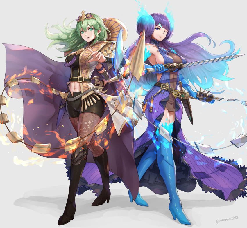 2girls absurdres breasts brighid_(xenoblade) byleth_(fire_emblem) byleth_eisner_(female) chain crossover fire fire_emblem fire_emblem:_three_houses gonzarez green_eyes green_hair highres large_breasts multiple_girls navel purple_hair simple_background sword weapon weapon_connection xenoblade_chronicles_(series) xenoblade_chronicles_2