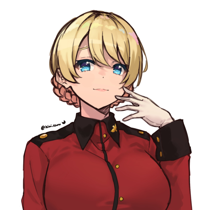 1girl bangs blonde_hair blue_eyes braid closed_mouth commentary darjeeling_(girls_und_panzer) epaulettes girls_und_panzer gloves highres jacket kimi_tsuru long_sleeves looking_at_viewer military military_uniform portrait red_jacket short_hair simple_background smile solo st._gloriana's_military_uniform tied_hair twin_braids twitter_username uniform white_background white_gloves