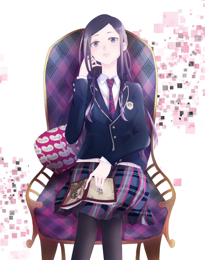 1girl abstract_background argyle_print bangs black_legwear blazer book book_on_lap cardigan chair closed_mouth colored_tips crossed_legs emblem expressionless gradient_hair grey_hair hand_in_hair hand_up highres holding holding_book jacket long_hair looking_at_viewer multicolored_hair necktie nezumiro original pantyhose parted_bangs pillow plaid plaid_skirt purple_hair school_uniform sitting skirt solo translation_request very_long_hair violet_eyes white_background