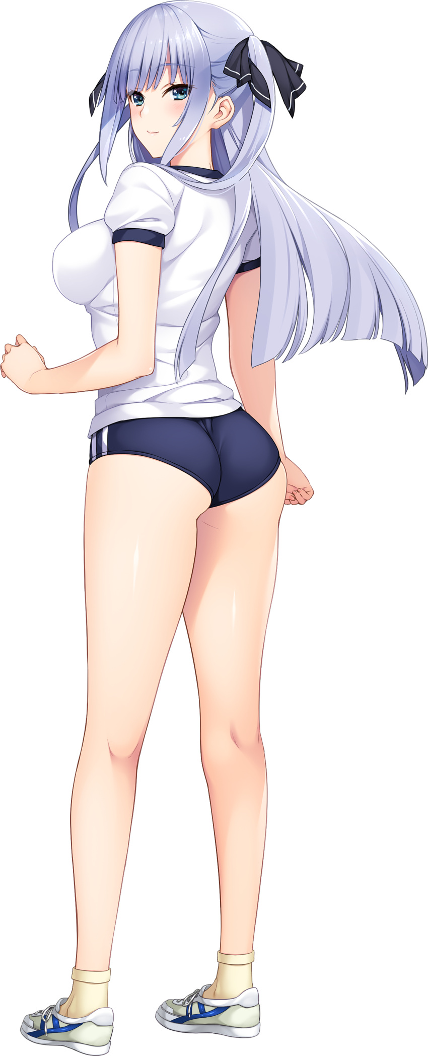 1girl absurdres ass bangs blue_eyes blush eyebrows_visible_through_hair full_body game_cg gym_shirt highres iizuki_tasuku long_hair looking_back official_art shirt shoes short_sleeves silver_hair smile sneakers solo standing suiren_to_shion two_side_up wakami_shion