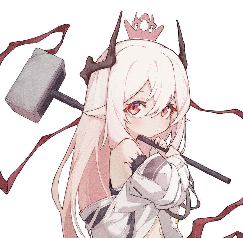 1girl arknights bare_shoulders closed_mouth eyebrows_visible_through_hair hair_between_eyes hammer highres holding holding_hammer holding_weapon long_hair long_sleeves looking_at_viewer mmhomm mudrock_(arknights) navel pointy_ears red_eyes simple_background solo weapon white_background white_hair younger