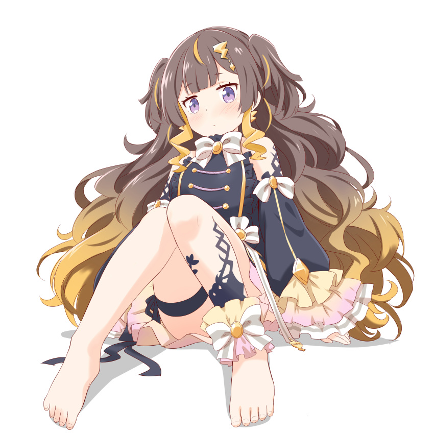 1girl absurdres anya_melfissa bare_legs bare_shoulders barefoot blonde_hair breasts brown_hair feet felutiahime highres hololive long_hair long_sleeves looking_at_viewer medium_breasts multicolored_hair puffy_sleeves simple_background skirt twintails violet_eyes virtual_youtuber white_background