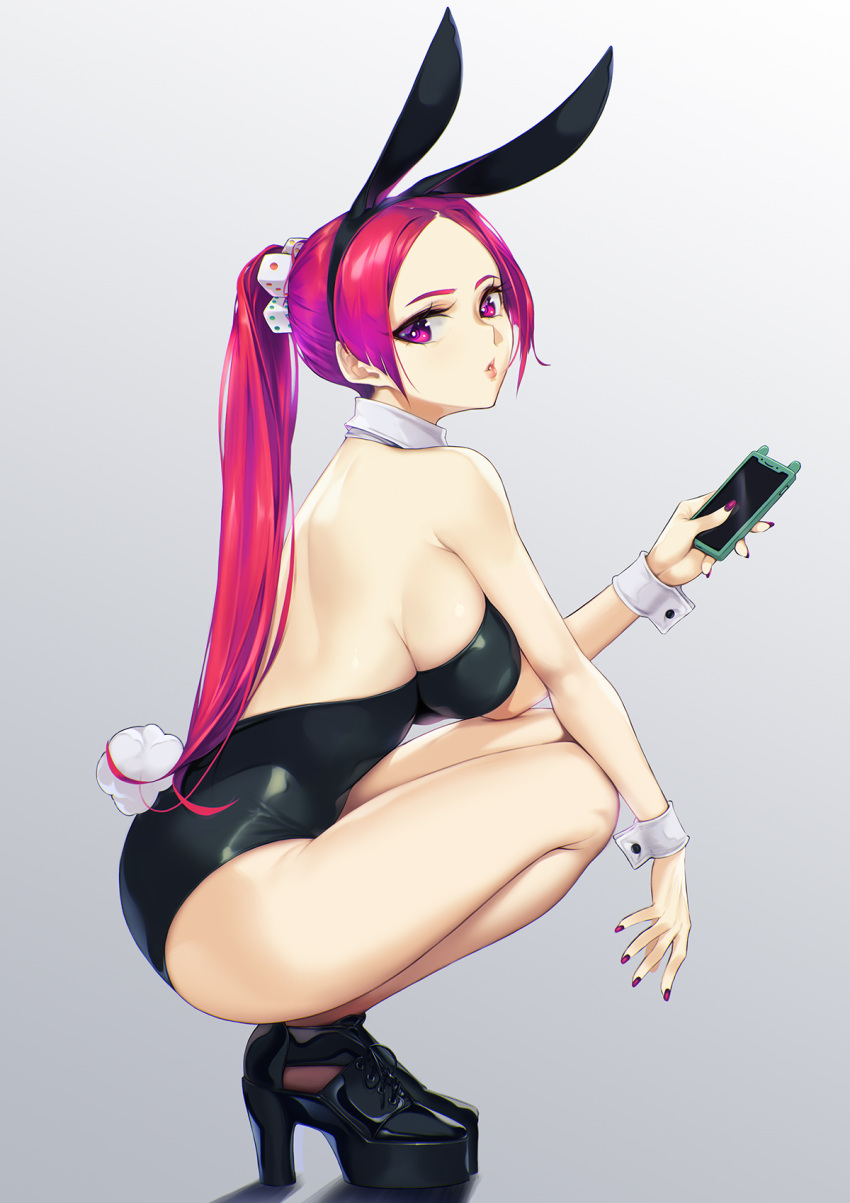 1girl animal_ears bare_legs black_footwear black_leotard blueorca bunny_tail cellphone detached_collar dice_hair_ornament gradient gradient_background grey_background hair_ornament high_heels highres leotard lips looking_at_viewer original pantyhose phone platform_footwear playboy_bunny ponytail rabbit_ears red_eyes redhead smartphone solo strapless strapless_leotard tail thighband_pantyhose thighs wrist_cuffs