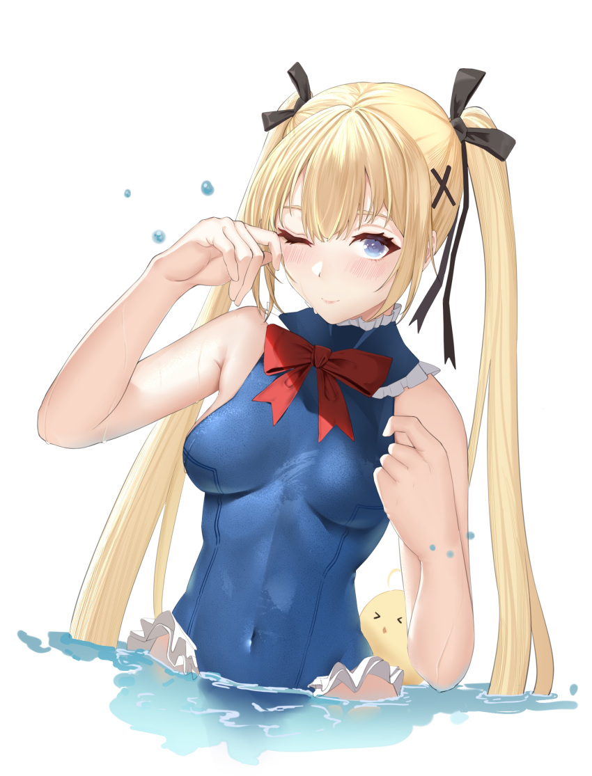 1girl 1z10 absurdres adapted_costume azur_lane bird blonde_hair blue_eyes blue_swimsuit breasts chick chinese_commentary commentary_request dead_or_alive dead_or_alive_5 frilled_swimsuit frills hair_ribbon highres looking_at_viewer manjuu_(azur_lane) marie_rose one_eye_closed ribbon simple_background small_breasts solo swimsuit twintails white_background