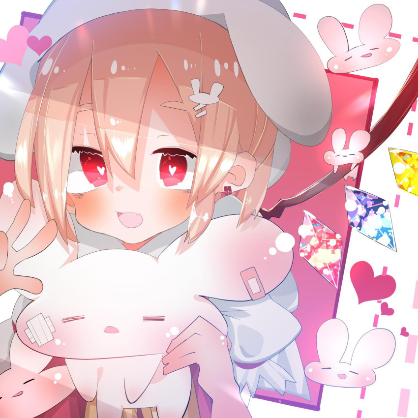 1girl ascot blonde_hair blush crystal_wings flandre_scarlet frills hat hat_ribbon heart heart-shaped_pupils highres medium_hair nacht_musik open_mouth puffy_short_sleeves puffy_sleeves rabbit red_eyes ribbon short_sleeves solo symbol-shaped_pupils touhou upper_body yellow_ascot