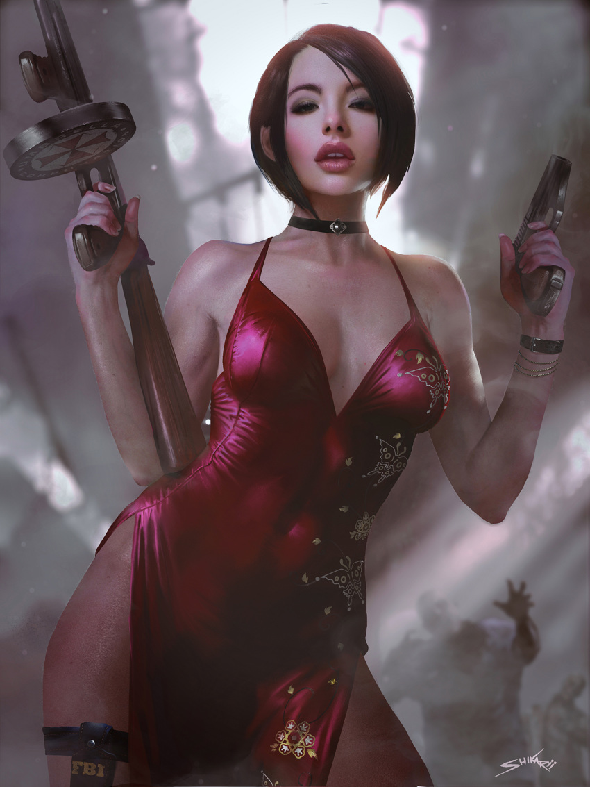 1girl ada_wong black_hair breasts capcom china_dress chinese_clothes dress dual_wielding fbi gun highres holding lips looking_at_viewer makeup medium_hair open_mouth red_dress resident_evil resident_evil_2 resident_evil_4 resident_evil_6 shikarii standing thigh_strap weapon