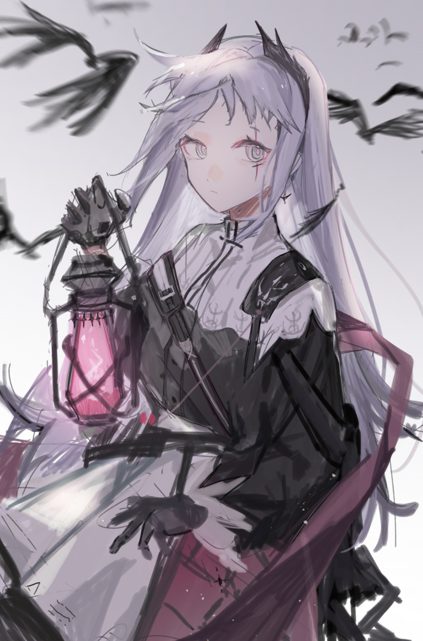 1girl absurdres arknights bangs bird black_gloves black_jacket capelet closed_mouth commentary_request gloves grey_background grey_eyes grey_hair highres holding holding_lantern irene_(arknights) jacket lantern long_hair long_sleeves looking_at_viewer moqian989 puffy_long_sleeves puffy_sleeves simple_background sketch skirt solo very_long_hair white_capelet white_skirt