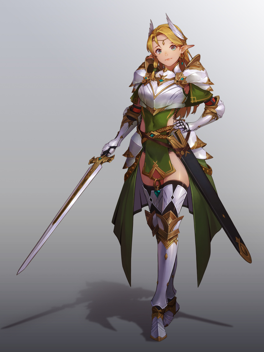1girl absurdres armor armored_boots armpit_peek black_legwear blonde_hair blue_eyes boots breastplate closed_mouth commentary covered_navel earrings elf full_body gauntlets gold_trim gradient gradient_background greaves green_shirt green_skirt grey_background hair_intakes hair_wings hand_on_hip highres holding holding_sword holding_weapon hoop_earrings jewelry knight korean_commentary long_hair looking_at_viewer original overskirt pauldrons pelvic_curtain pointy_ears radjeong scabbard shadow sheath shirt short_shorts shorts shoulder_armor side_slit simple_background single_sidelock skindentation skirt solo standing sword thigh-highs unsheathed weapon white_armor
