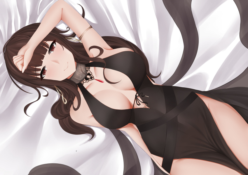 1girl absurdres arm_on_head armlet bangs bare_shoulders between_thighs blunt_bangs blush breasts brown_hair center_opening covered_navel cowboy_shot dress dsr-50_(girls_frontline) from_above girls_frontline highres jewelry large_breasts long_hair looking_at_viewer lying necklace no_bra no_panties on_back painttool_sai_(medium) pelvic_curtain red_eyes rei_no_himo sidelocks smile solo suzishi_ovo very_long_hair